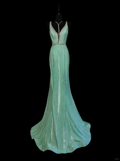 Mint Green Fashion Elegant V-neck Long Mermaid Slim Fishtail Skirt Satin Floor Length Train Ball Gown Evening Gown Party Dress Prom Dress gh3817