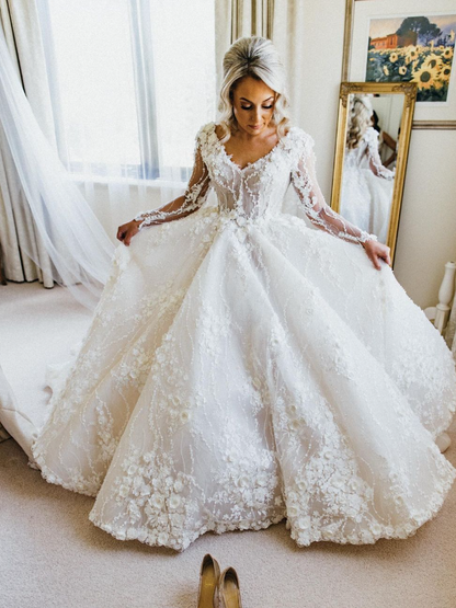 Elegant Ball Gown Long Sleeve V Neck Appliques White Tulle Wedding Dress with Sweep Train SH1993