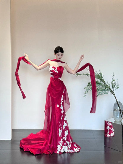 Red Elegant Delicate Floral Fashion Elegant Long Satin Tulle Mermaid Slim Fit Floor Length Trailing Ball Gown Evening Gown Prom Gown gh3733