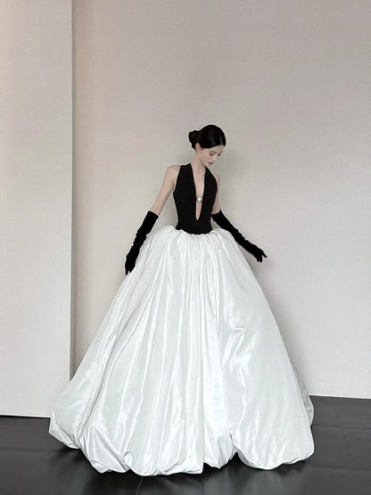 Black and white fashionable and elegant V-neck long satin A-line floor-length ball gown evening dress prom dress gh3732