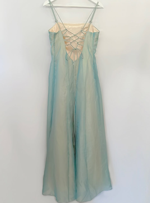 Retro Blue A Line Spaghetti Strap Embroidery Organza Prom Dress Evening Dress SH3610