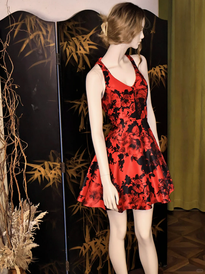 Vintage Red Satin Floral Print A Line Short Party Dress Bow Backless Graduation Homecoming Dress S732