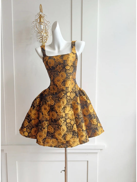 Yellow New Fashion Short Three-Dimensional Embossed Jacquard Fabric Satin Homecoming Dress Birthday Party Dress Cocktail Party Dress Evening Dress Prom Dress Evening Dress gh3964