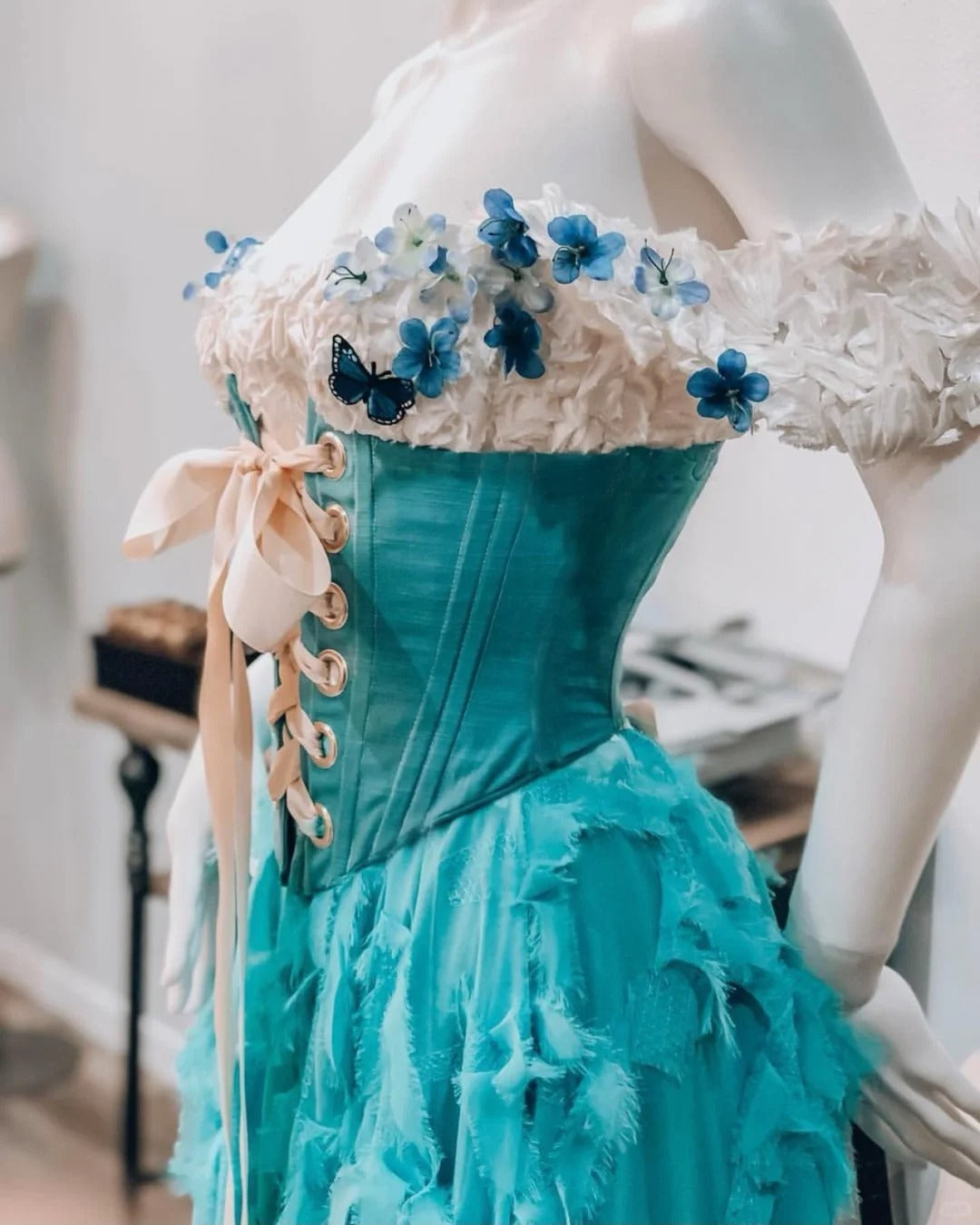 Blue floral corset long retro elegant Prom dress evening dress gh5072