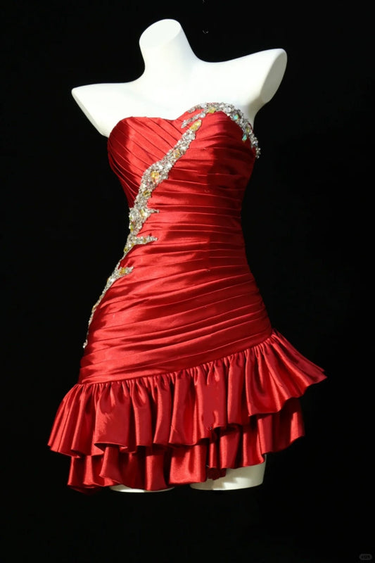 Homecoming dress vintage red beaded short satin beautiful prom dress evening dress party dress banquet dress gh4721