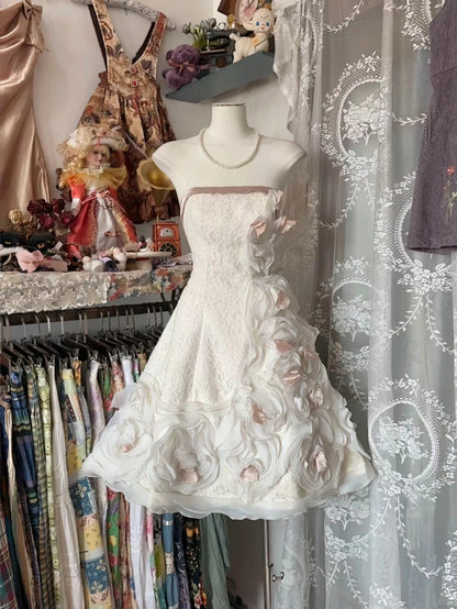 White cute pink delicate floral sweet tube top short lace homecoming dress birthday party dress holiday small dress gh3943