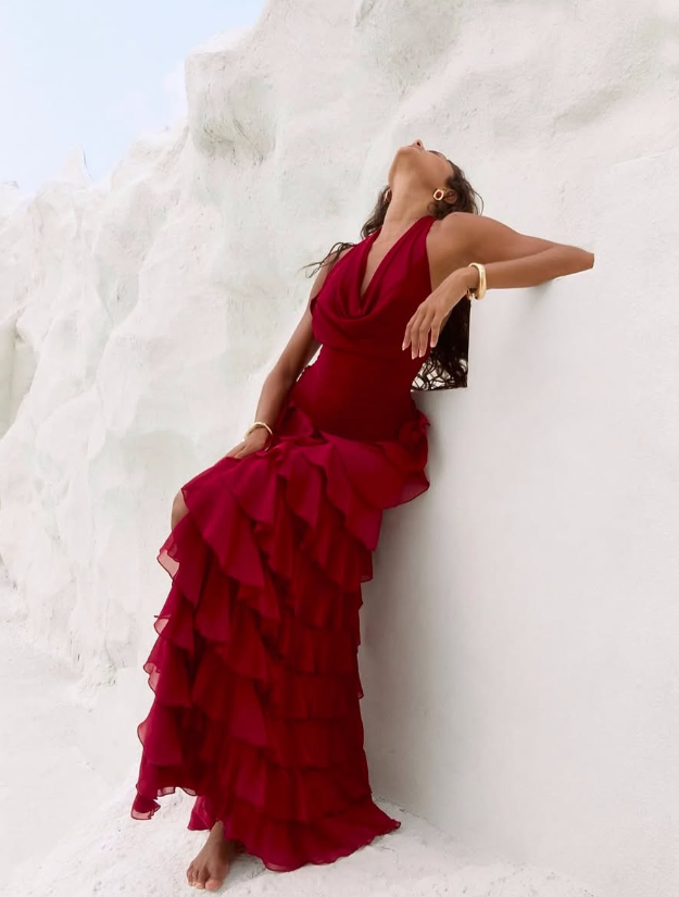 Sexy A Line Halter Tiered Burgundy Chiffon Prom Dress Evening Dress with Slit SH2635