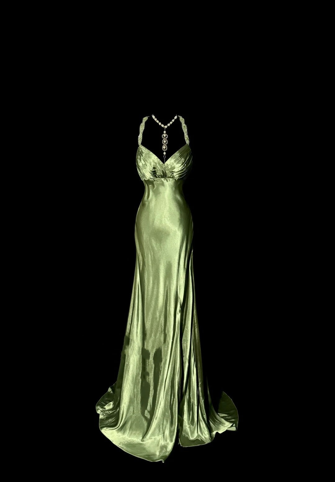 Green Retro Elegant Fashion Exquisite Beaded Shoulder Straps Long Floor Length Trailing Satin Prom Dress Evening Gown Graduation Gown gh4002