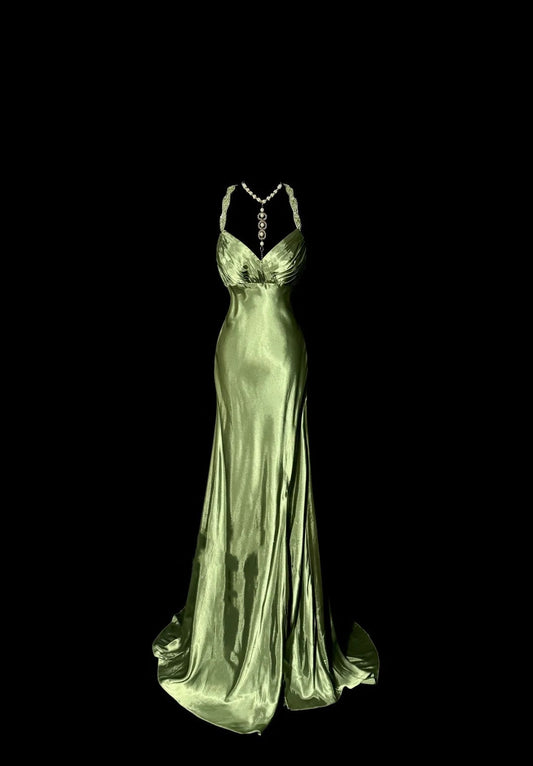 Green Retro Elegant Fashion Exquisite Beaded Shoulder Straps Long Floor Length Trailing Satin Prom Dress Evening Gown Graduation Gown gh4002
