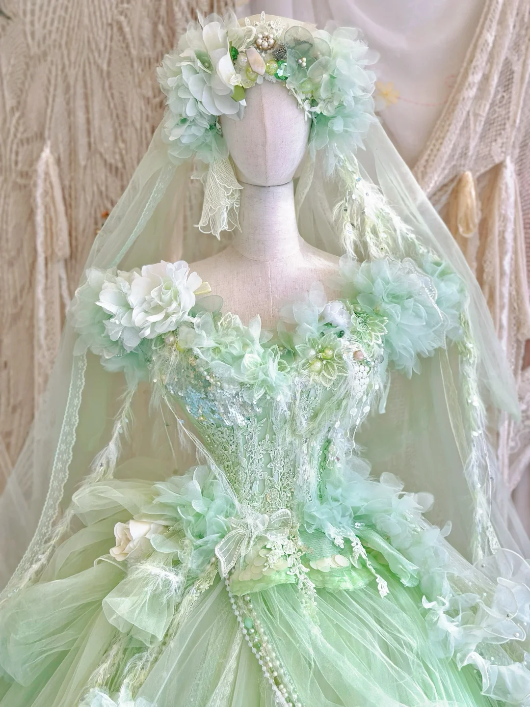 Exquisite Light Green Floral A Line Beaded Tulle Prom Dress Party Dress SH3499