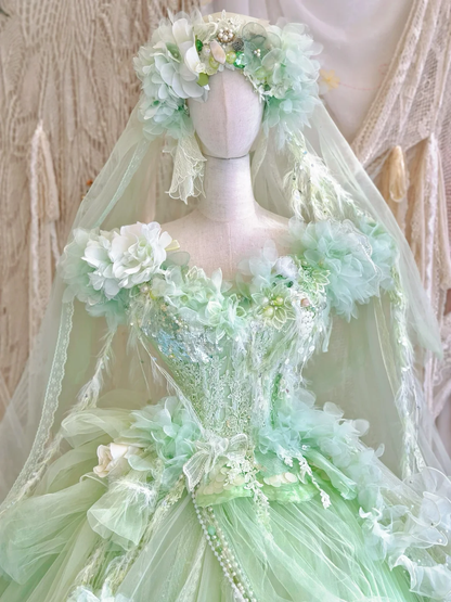 Exquisite Light Green Floral A Line Beaded Tulle Prom Dress Party Dress SH3499