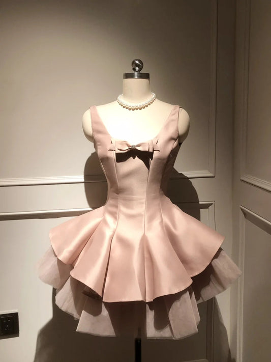 Pink Sweet Cute Elegant Short Tulle Satin Bow Decoration Homecoming Dress Evening Dress Birthday Party Dress Prom Dress Prom Dress gh4077