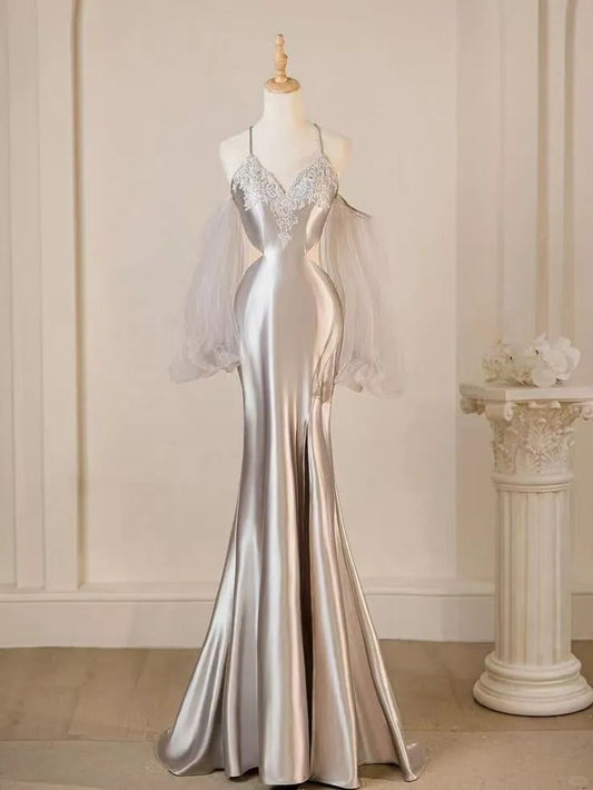 Silver Beautiful Elegant Spaghetti Strap Mermaid Fishtail Long Satin Ball Gown Evening Dress Birthday Party Dress gh4278
