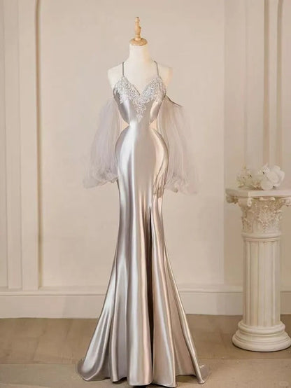 Silver Beautiful Elegant Spaghetti Strap Mermaid Fishtail Long Satin Ball Gown Evening Dress Birthday Party Dress gh4278