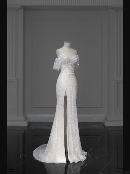 White Sparkling Elegant Mermaid Long Tulle Slimming Prom dress Evening Dress Party Dress gh4991