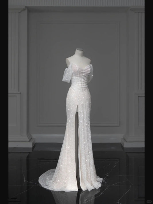 White Sparkling Elegant Mermaid Long Tulle Slimming Prom dress Evening Dress Party Dress gh4991