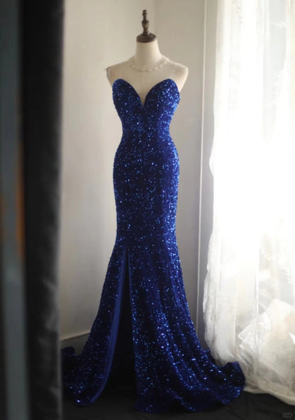 Royal blue fishtail evening dress custom velvet Sequins beaded side slit pleated wedding adult ceremony birthday party gh4326