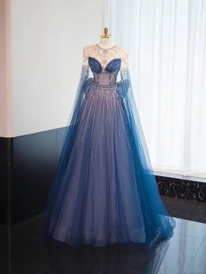 Blue gorgeous shiny beaded long floor-length tulle ball gown evening gown graduation gown gh4553