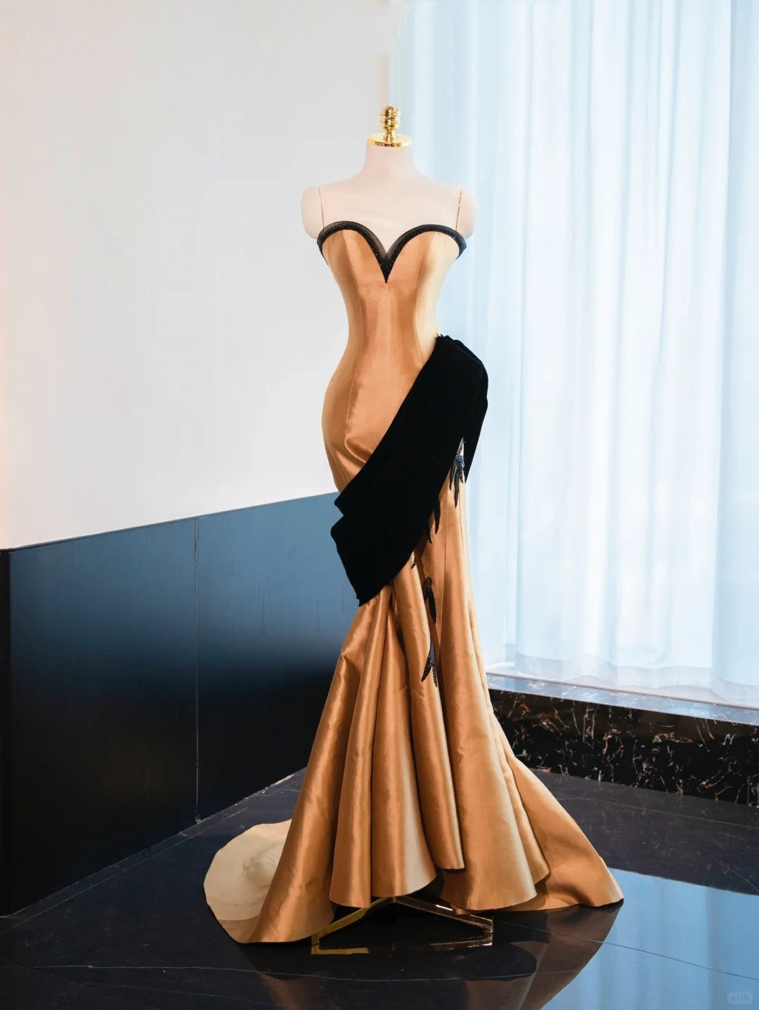 Gold Beaded Long Floor Length Satin Ball Gown Evening Gown Graduation Gown gh4554