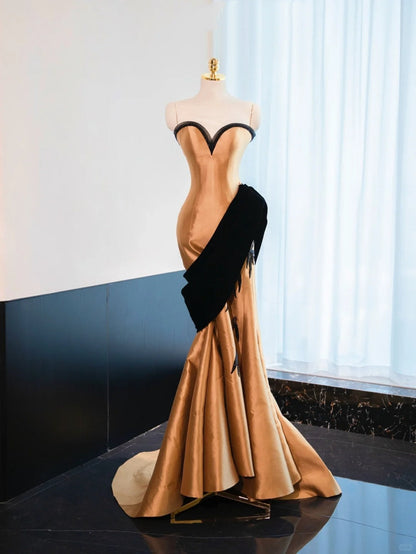 Gold Beaded Long Floor Length Satin Ball Gown Evening Gown Graduation Gown gh4554