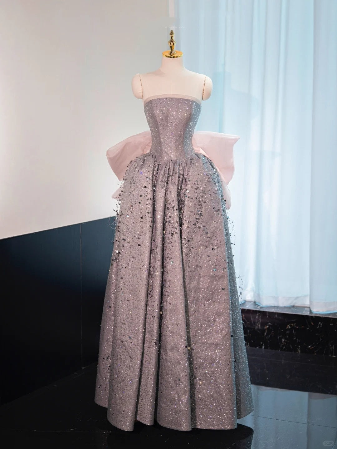 Silver gorgeous shiny pink bow long floor-length sequined ball gown evening dress graduation dress gh4552