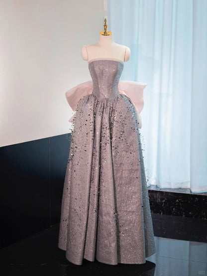 Silver gorgeous shiny pink bow long floor-length sequined ball gown evening dress graduation dress gh4552