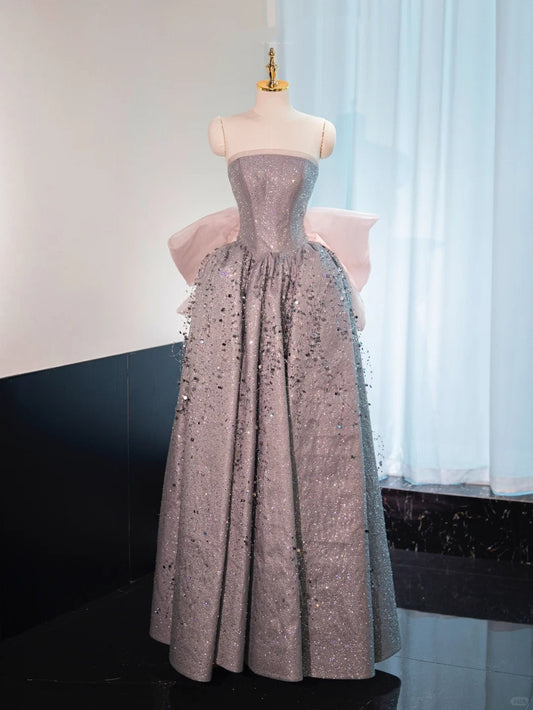 Silver gorgeous shiny pink bow long floor-length sequined ball gown evening dress graduation dress gh4552