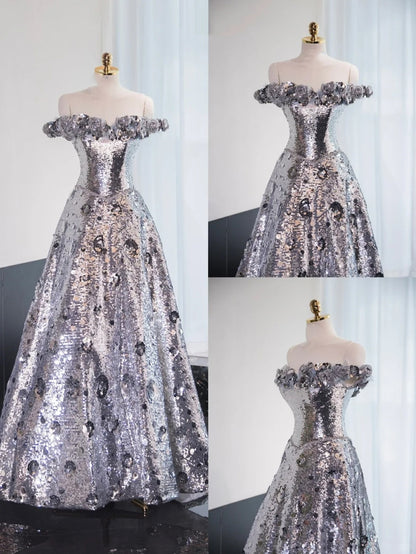 Silver gorgeous shiny long floor-length sequined ball gown evening dress graduation dress gh4550