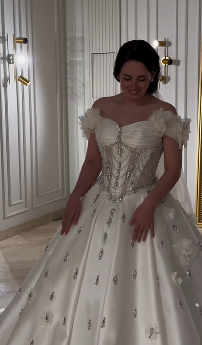 Gorgeous Exquisite A Line Off the Shoulder Flower Rhinestone White Satin Long Wedding Dress Date Dress SH3466