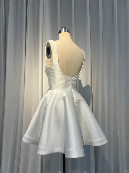 White fashion Classic short satin homecoming dress prom dress back to school outfits gh4970