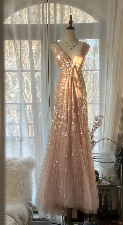 Pink Gorgeous Shiny Exquisite Beaded Spaghetti Strap V-Neck Long Sequin Chiffon Ball Gown Evening Gown Party Dress gh4094