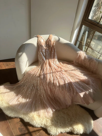 Pink Gorgeous Shiny Exquisite Beaded Spaghetti Strap V-Neck Long Sequin Chiffon Ball Gown Evening Gown Party Dress gh4094