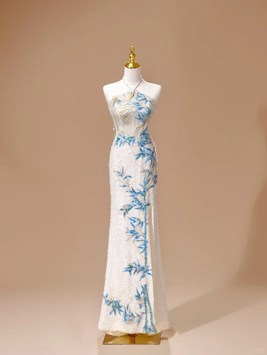 White Luxury Gorgeous Shiny Unique Fashion Elegant Exquisite Floral Bamboo Beads Sequins Suspender Long Ball Dress Evening Dress Bridal Wedding Reception Dress Prom Dress gh4026