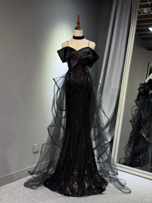 preppydressess -Black shiny elegant long sequined tulle Prom dress evening gown graduation dress gh5107