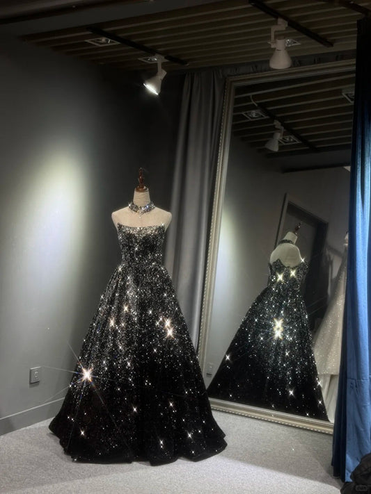 preppydressess -Black silver gradient shimmering long sequined tulle ball gown evening dress gh5109
