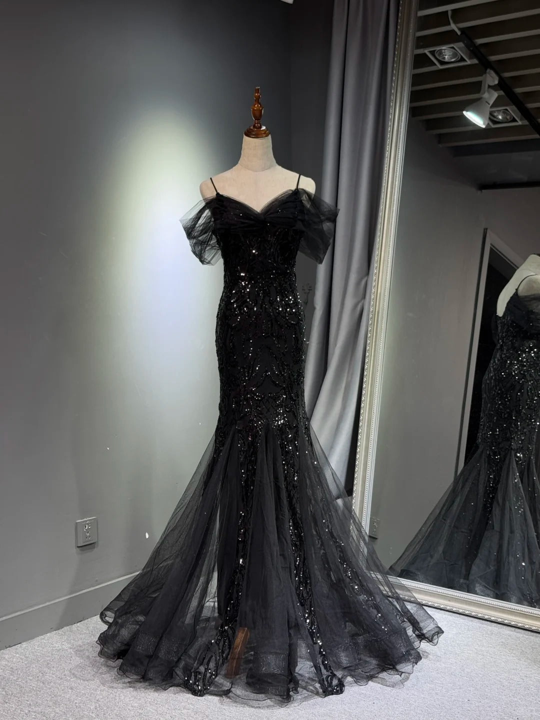 preppydressess -Black shiny mermaid long sequined ball gown evening dress graduation dress gh5112
