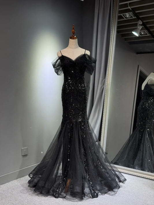 preppydressess -Black shiny mermaid long sequined ball gown evening dress graduation dress gh5112