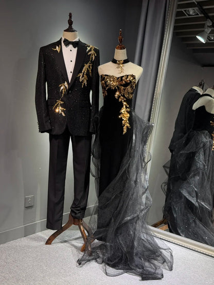 preppydressess -Black shiny elegant long gold sequined tulle trailing ball gown evening gown graduation gown gh5108