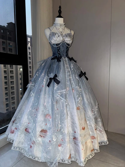 Gray Blue Fantasy Floral Long Tulle Ball Gown Quinceanera Dresses gh5052