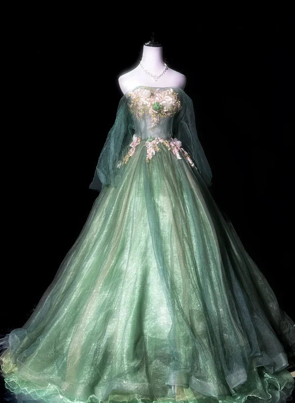 Green Delicate Floral Long Tulle Ball Gown Evening Gown Graduation Gown Adult Ceremony Gown gh4251