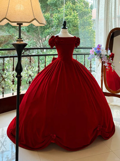 Burgundy Elegant Retro Long Velvet Quinceanera Dresses Prom Dress Graduation Dress Princess gh5005