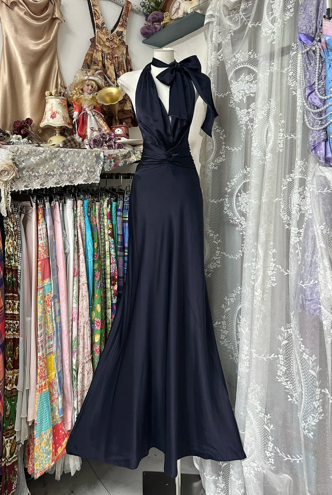 Navy Blue Retro Fashion Simple Long Satin Prom Dress Evening Dress Party Dress Date Dress gh4880