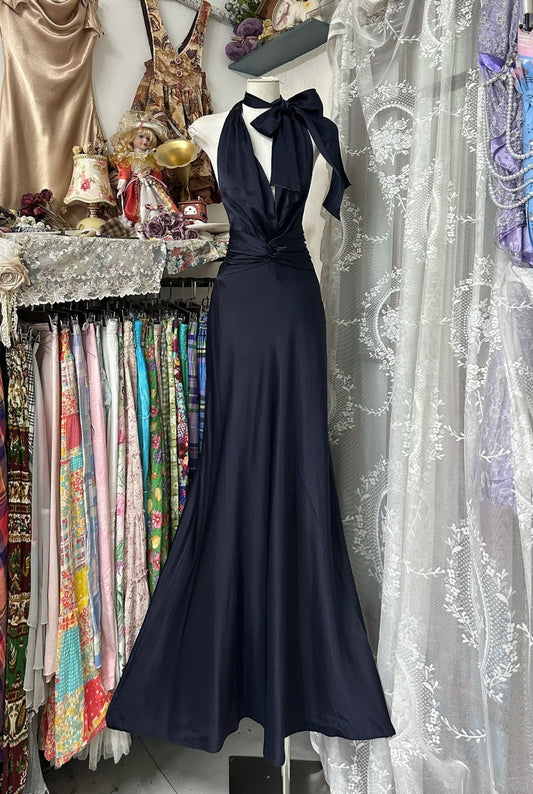Navy Blue Retro Fashion Simple Long Satin Prom Dress Evening Dress Party Dress Date Dress gh4880