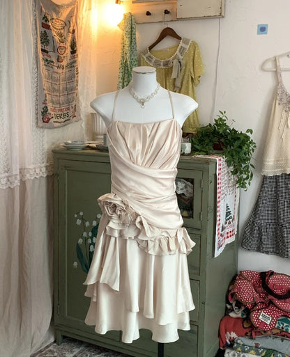 Stunning Champagne Sweet Cute Short Irregular Floral and Irregular Hem Chiffon Satin Homecoming Dress Evening Dress Birthday Party Dress Prom Dress Prom Dress gh3923
