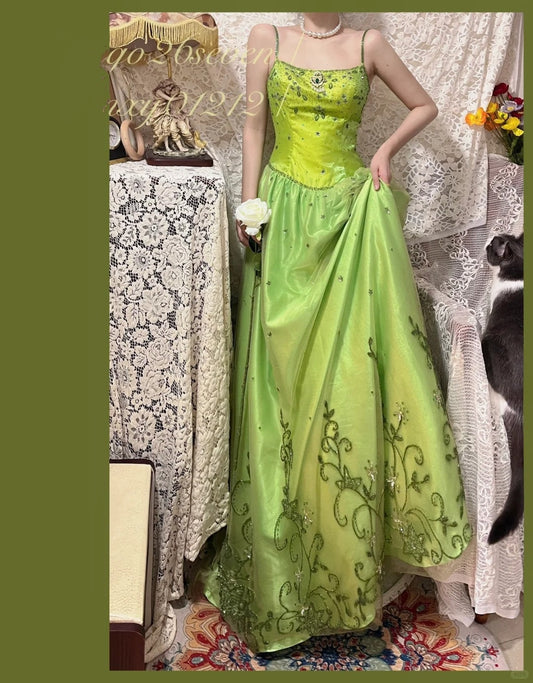 Green exquisite beaded vintage fashion floral long satin tulle ball gown evening dress gh4433
