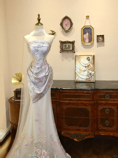 Pink White Elegant Floral Long Floor Length Satin Tulle Ball Gown Evening Dress Party Dress Wedding Dress gh4190