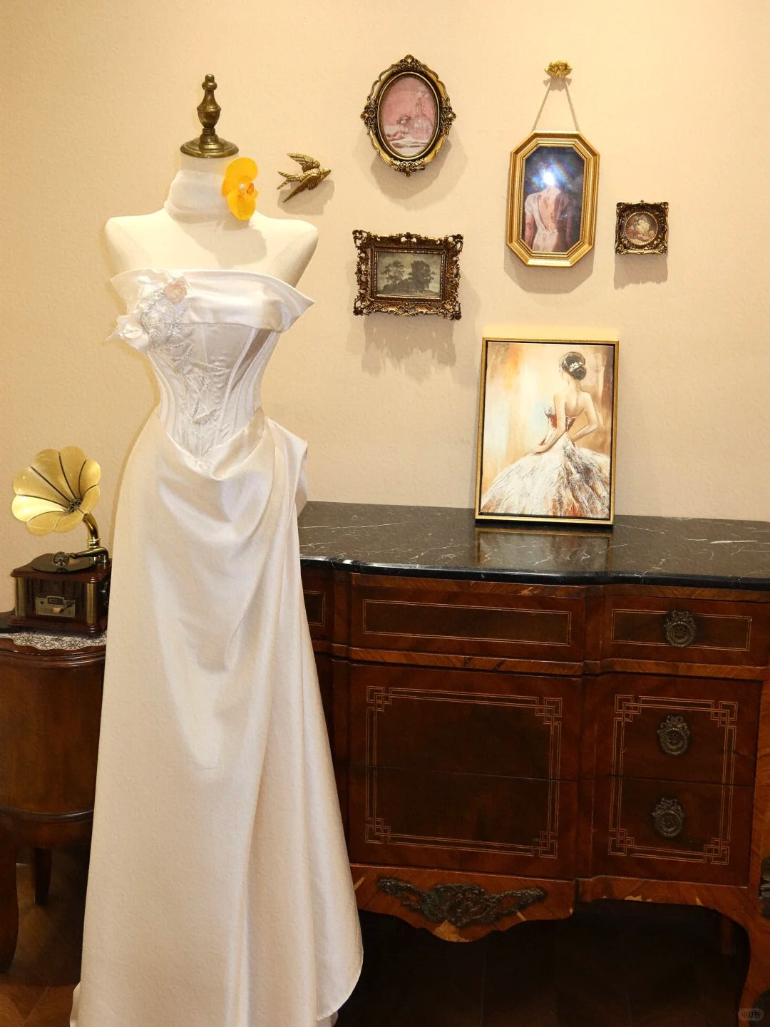 White Floral Long Satin Ball Gown Evening Gown Wedding Dress gh4491