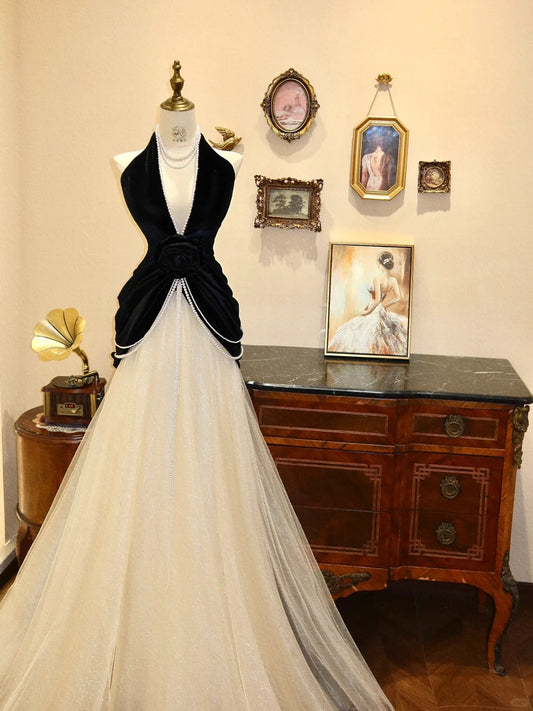 Black and White Beaded Exquisite V-Neck Fashionable Elegant Long Tulle Ball Gown Evening Gown Prom Dress gh4240