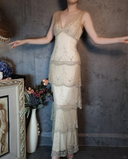 Ivory romantic beautiful gentle vintage long lace beaded layered cake ball dress evening dress party dress gh4795