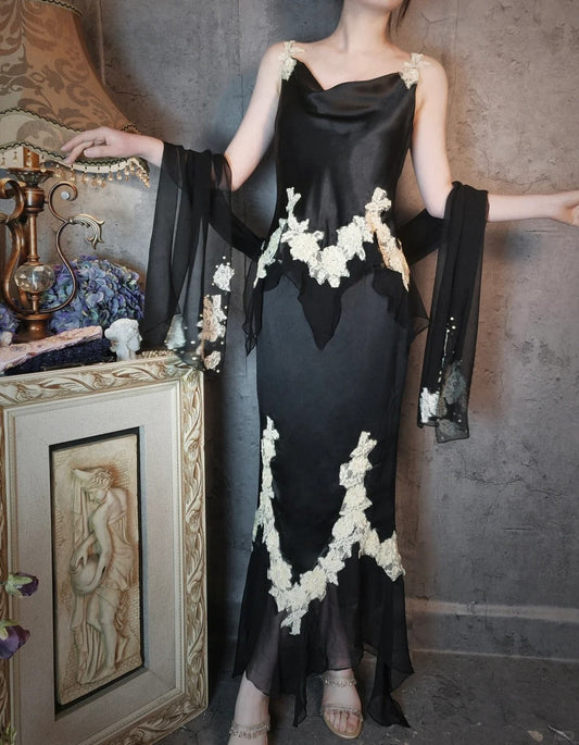 Beautiful black and white vintage satin shawl elegant romantic ball gown evening dress party dress gh4804